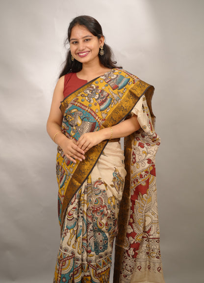 Cream Kanchi border Kalamkari chennur silk saree | Looms & Tassels
