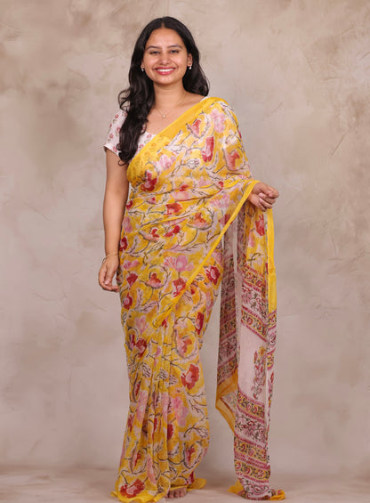 Yellow Chiffon Bagru Hand Block Printed Saree | Looms & Tassels