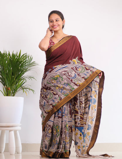 Brown Nizam Border Kalamkari Silk Saree