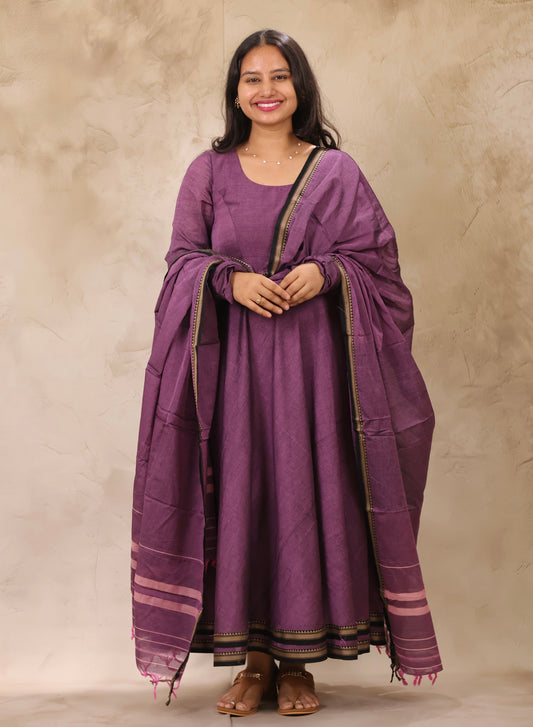Lavender Narayanpet Cotton Anarkali Dress with Narayanpet Dupatta | Looms & Tassels