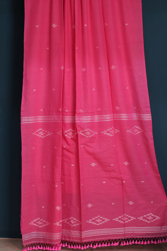 Pink Pure Handwoven Malai Cotton Saree with Butta Weaving