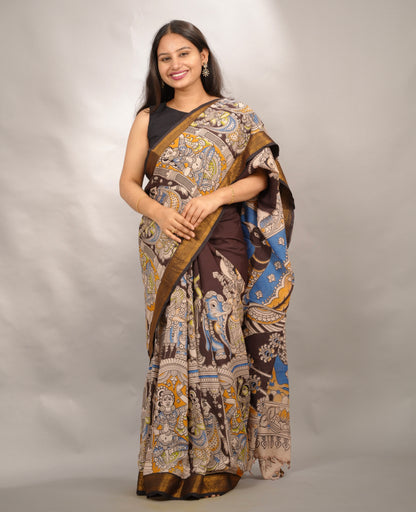 Brown Story Telling Kalamkari Nizam Border Chennur Silk Saree | Looms & Tassels