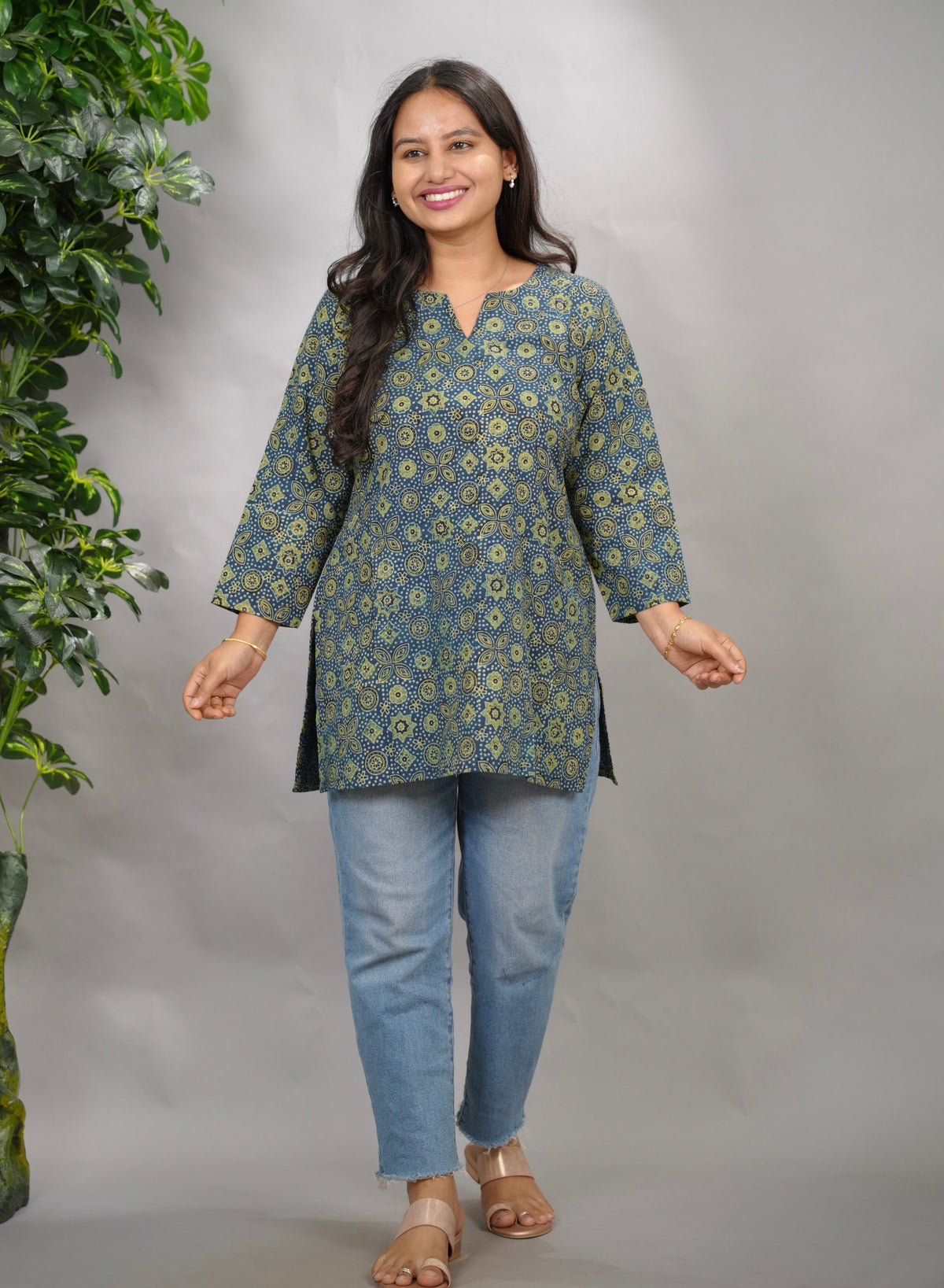 Indigo Ajrakh Hand Block Printed Short Top