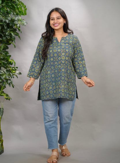 Indigo Ajrakh Hand Block Printed Short Top