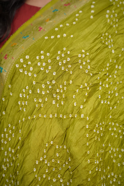 Olive Green Handcrafted Pattern Bandhani Paithani Dola Silk Saree | Looms & Tassels