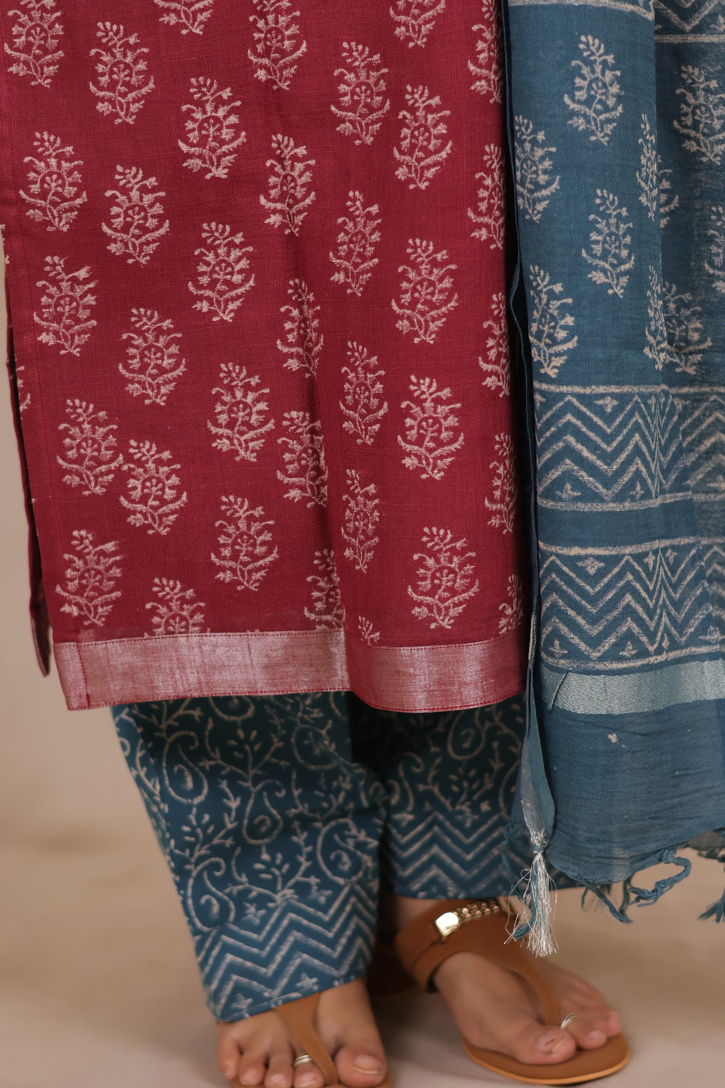 Dusty Rose Linen Cotton Handblock printed 3 piece suit (stitched)