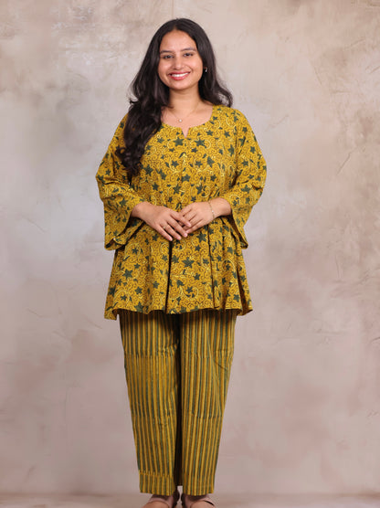 Mustard Yellow Ajrakh Handblock Printed Co-ord Set (Pure Cotton ) | Looms & Tassels