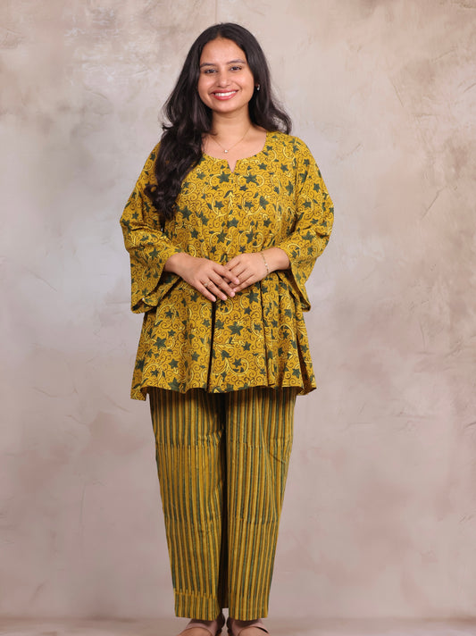 Mustard Yellow Ajrakh Handblock Printed Co-ord Set (Pure Cotton ) | Looms & Tassels