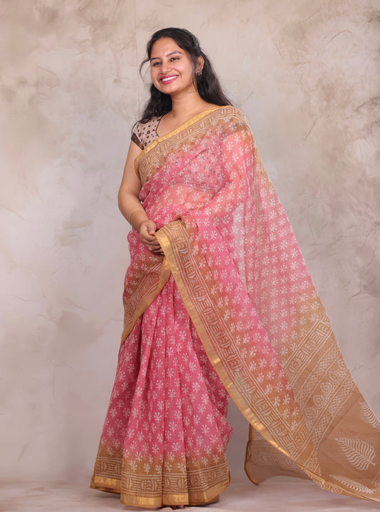 Pink And Brown Dual Shade Pure Kota Doria Saree with Bagru Handblock Prints | Looms & Tassels