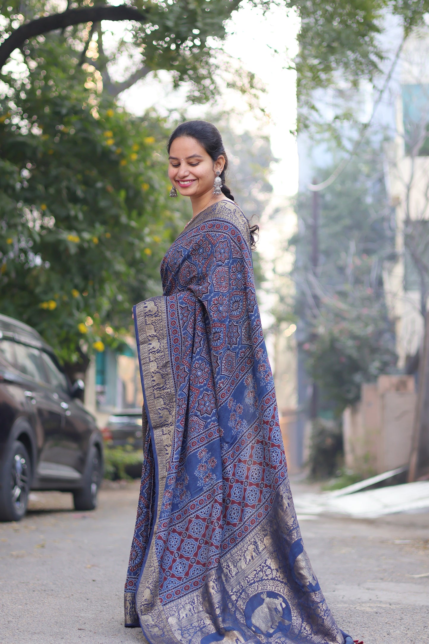 Ajrakh Dola Silk Saree