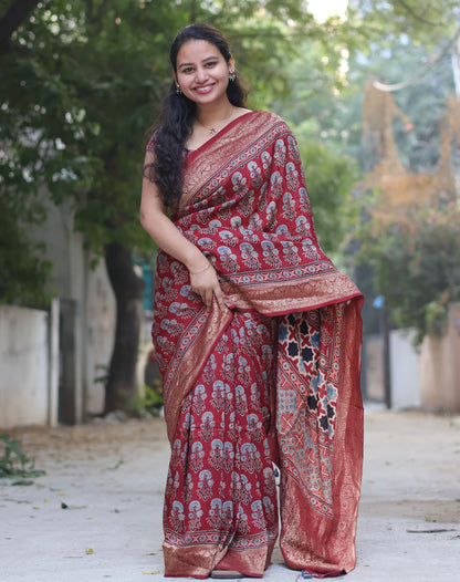 Traditional Ajrakh Handblock Printed Dola Silk Saree