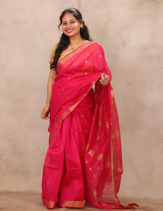 Rani Pink Handloom Maheswari Silk Cotton Sarees | Looms & Tassels