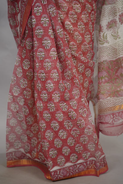 Dusty Rose Pink Pure Kota Doria Saree with Bagru Handblock Prints