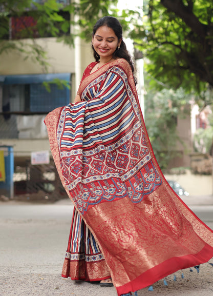Stripes Ajrakh Dola Silk Saree