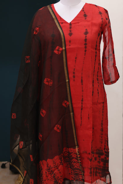 Red & Black Handblock printed kota 3 piece suit (stitched)