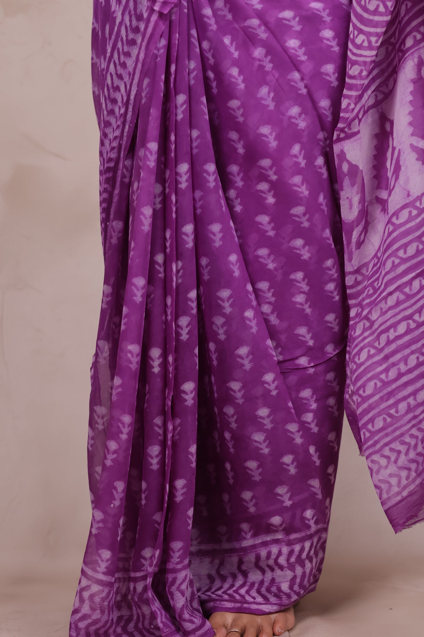 Purple Chiffon Hand Block Printed Saree | Looms & Tassels