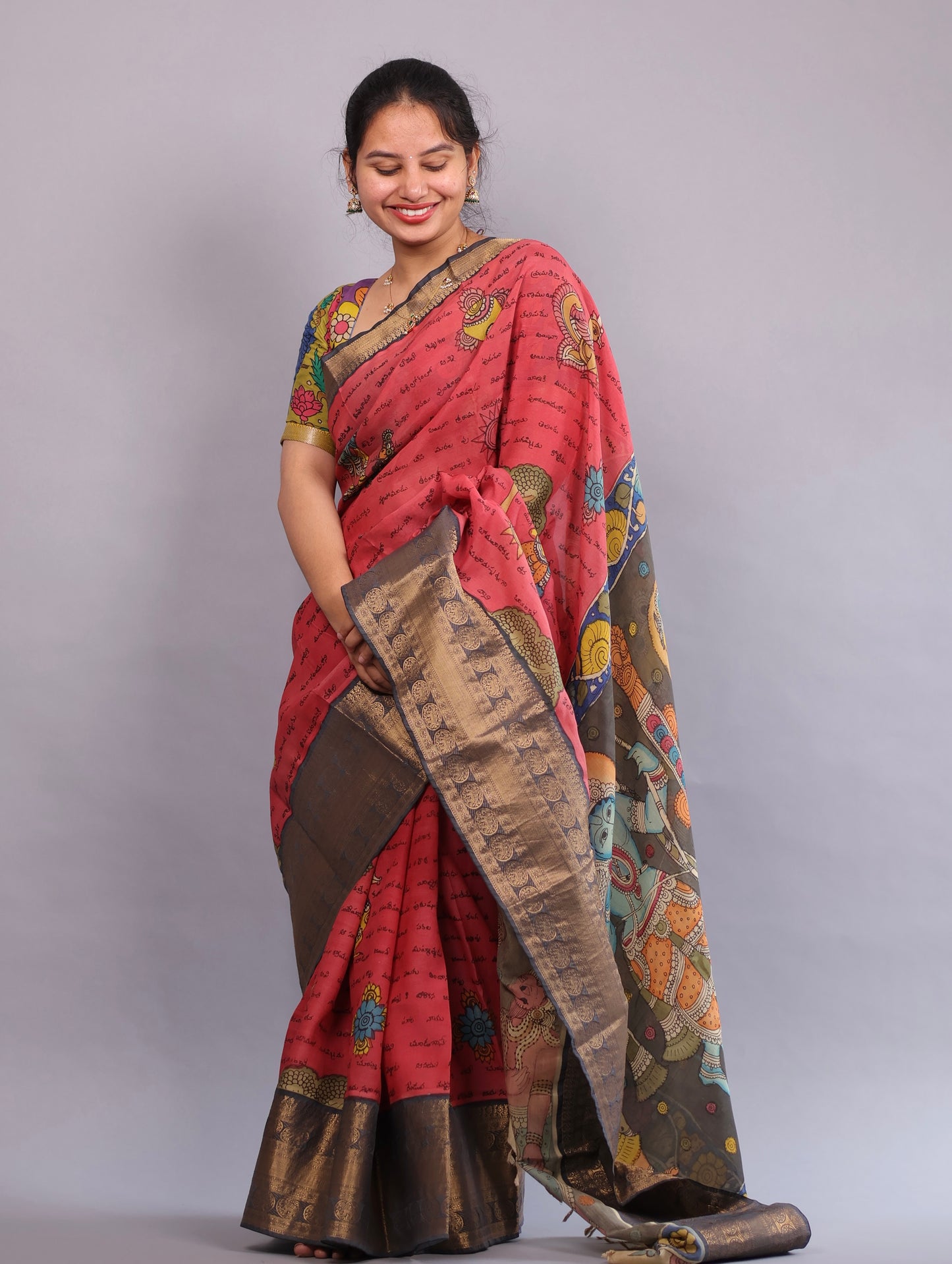 Pink Hand Painted Pen Kalamkari Silk Saree