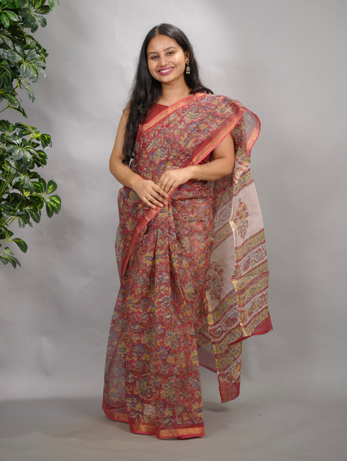 Red Floral Pure Kota Doria Saree with Bagru Handblock Prints