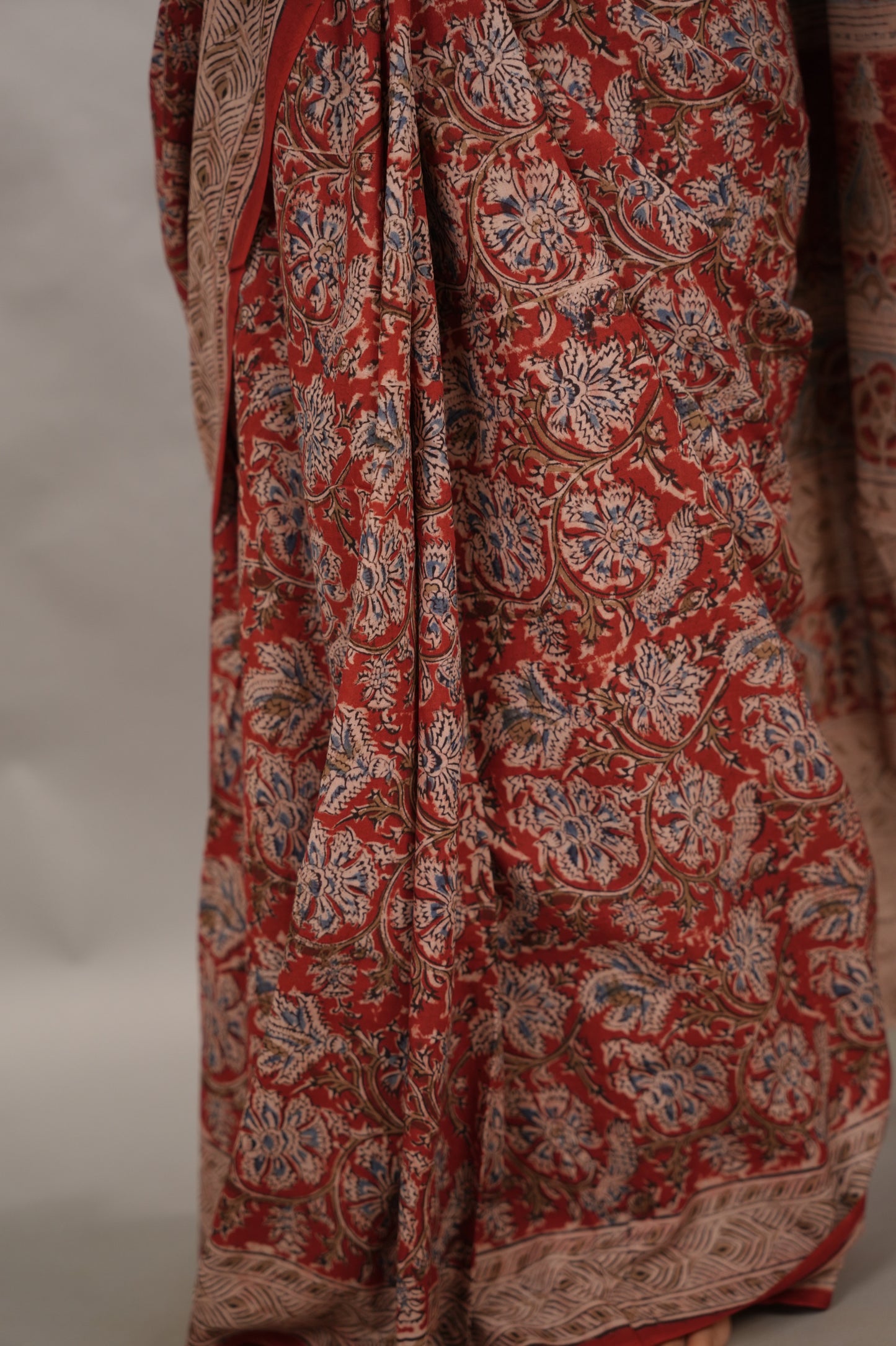 Red Hand Block Printed Kalamkari Cotton Saree | Looms & Tassels