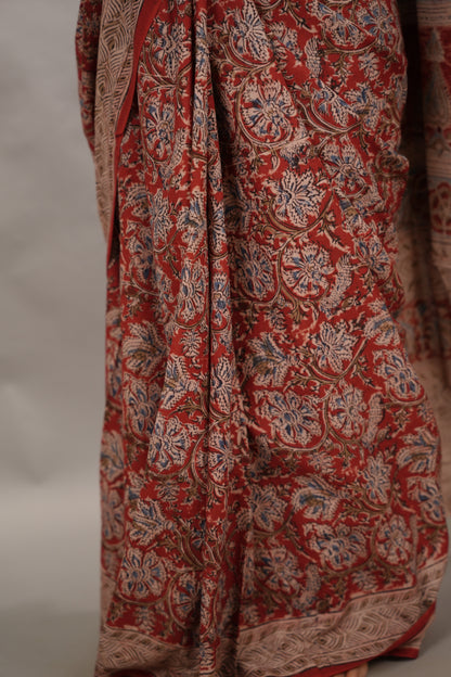 Red Hand Block Printed Kalamkari Cotton Saree | Looms & Tassels