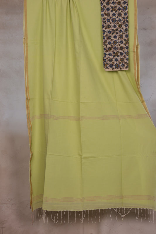 Lemon Green Handwoven Premium Malai Cotton Saree comes with Ajrakh Cotton Blouse piece| Looms & Tassels