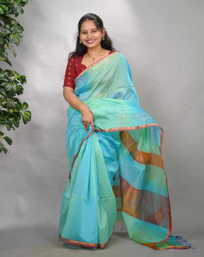 Sky Blue Handloom Maheswari Silk Cotton Sarees | Looms & Tassels