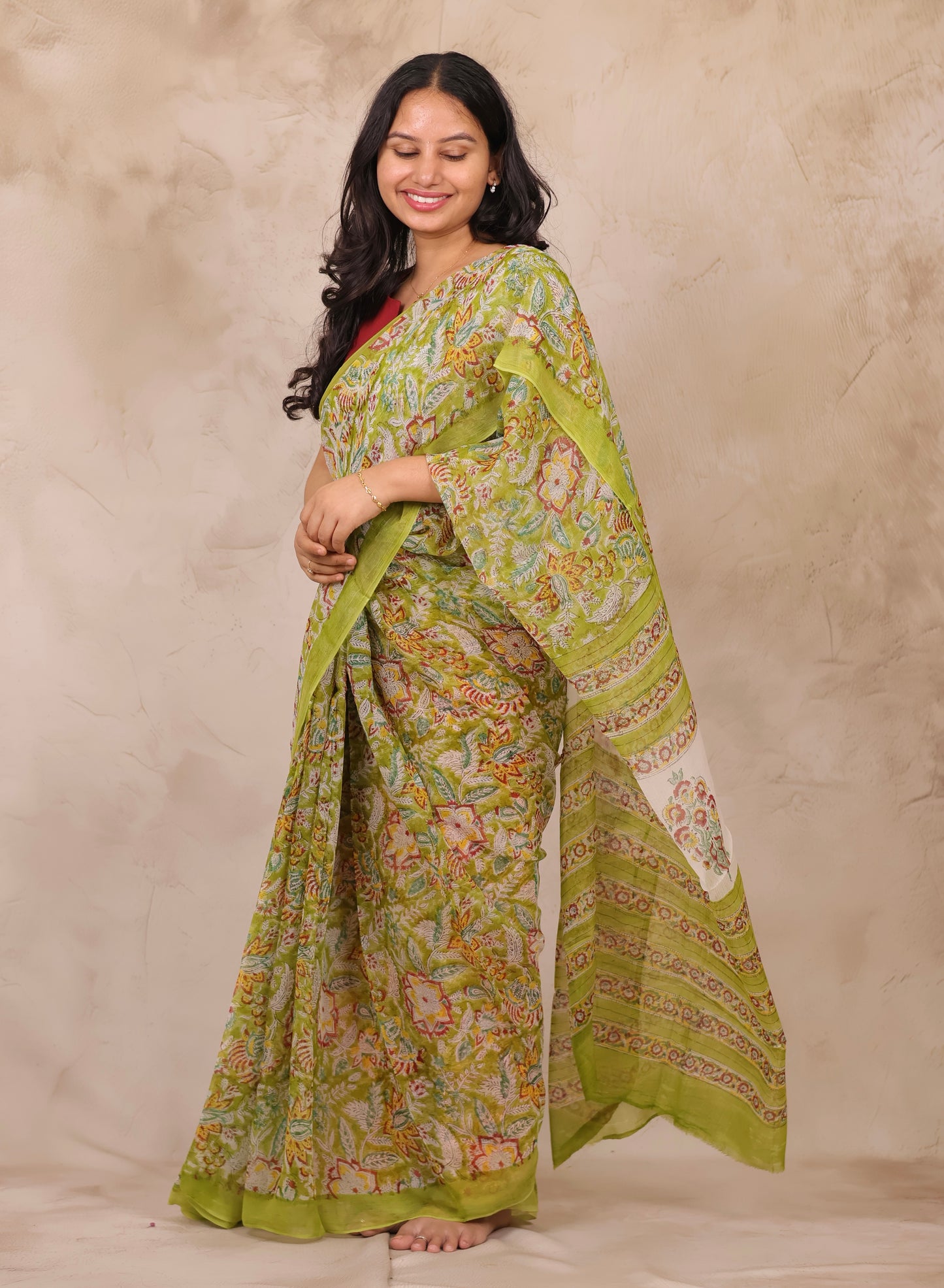 Green Chiffon Hand Block Printed Saree | Looms & Tassels