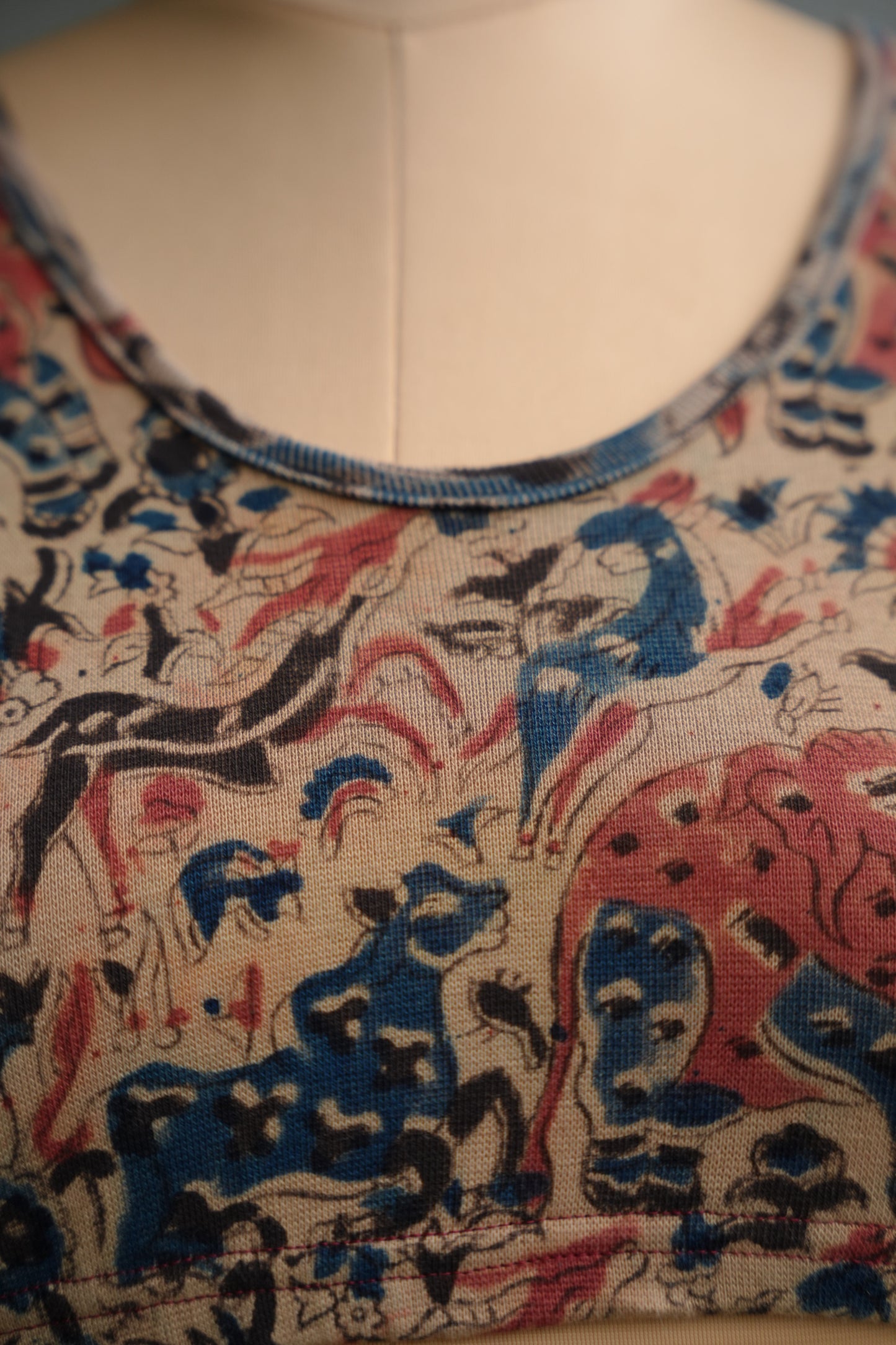 Cream Round Neck Stretchable Hand block printed kalamkari blouse