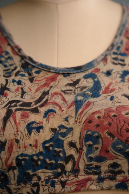 Cream Round Neck Stretchable Hand block printed kalamkari blouse