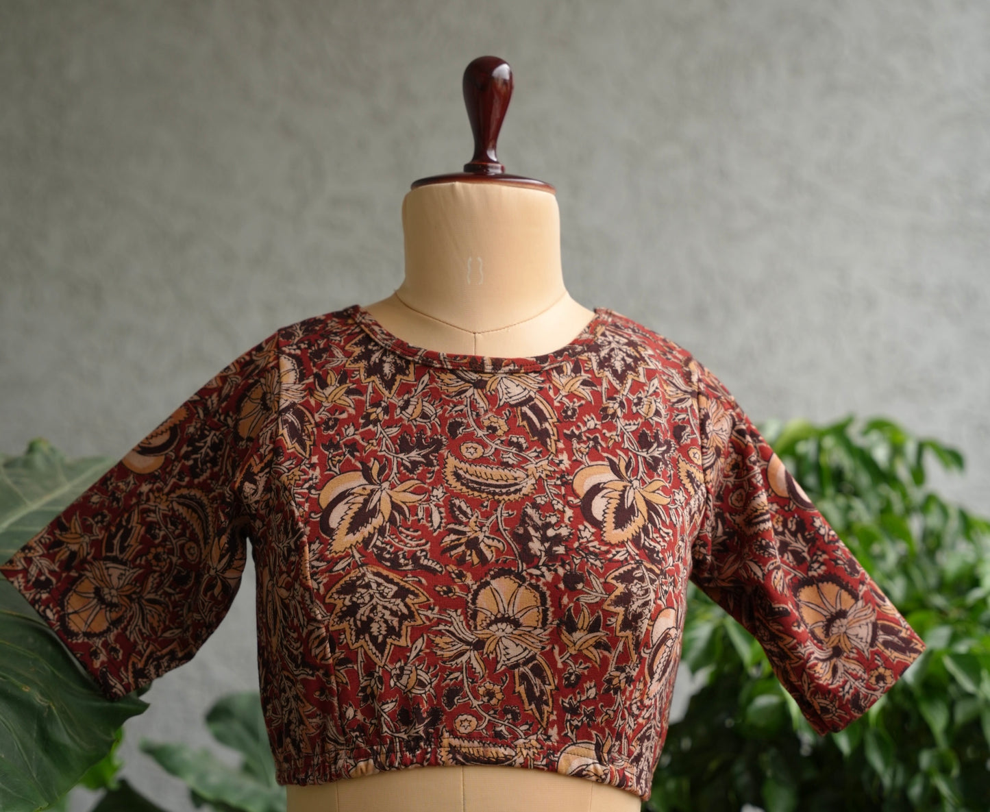 Red Boat Neck Stretchable Hand block printed kalamkari blouse