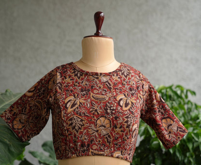 Red Boat Neck Stretchable Hand block printed kalamkari blouse