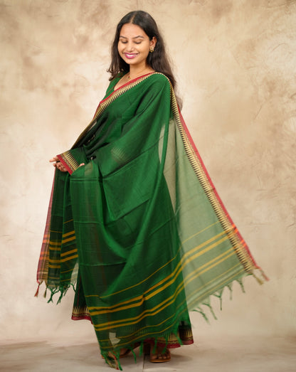 Green Narayanpet Cotton Anarkali Dress with Narayanpet Dupatta | Looms & Tassels