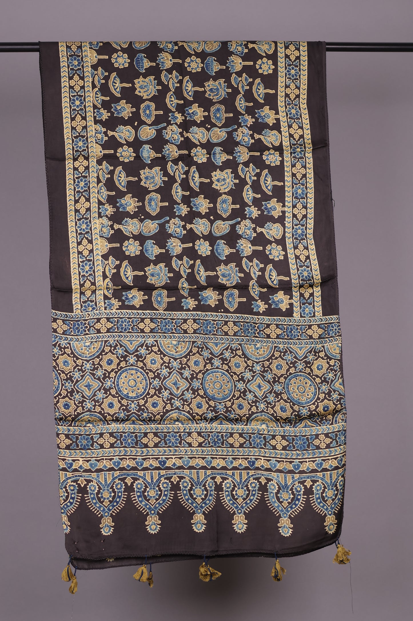 Black Ajrakh Hand Block Printed Modal Silk Stole | Looms & Tassels