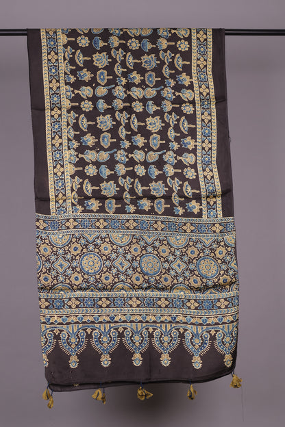 Black Ajrakh Hand Block Printed Modal Silk Stole | Looms & Tassels