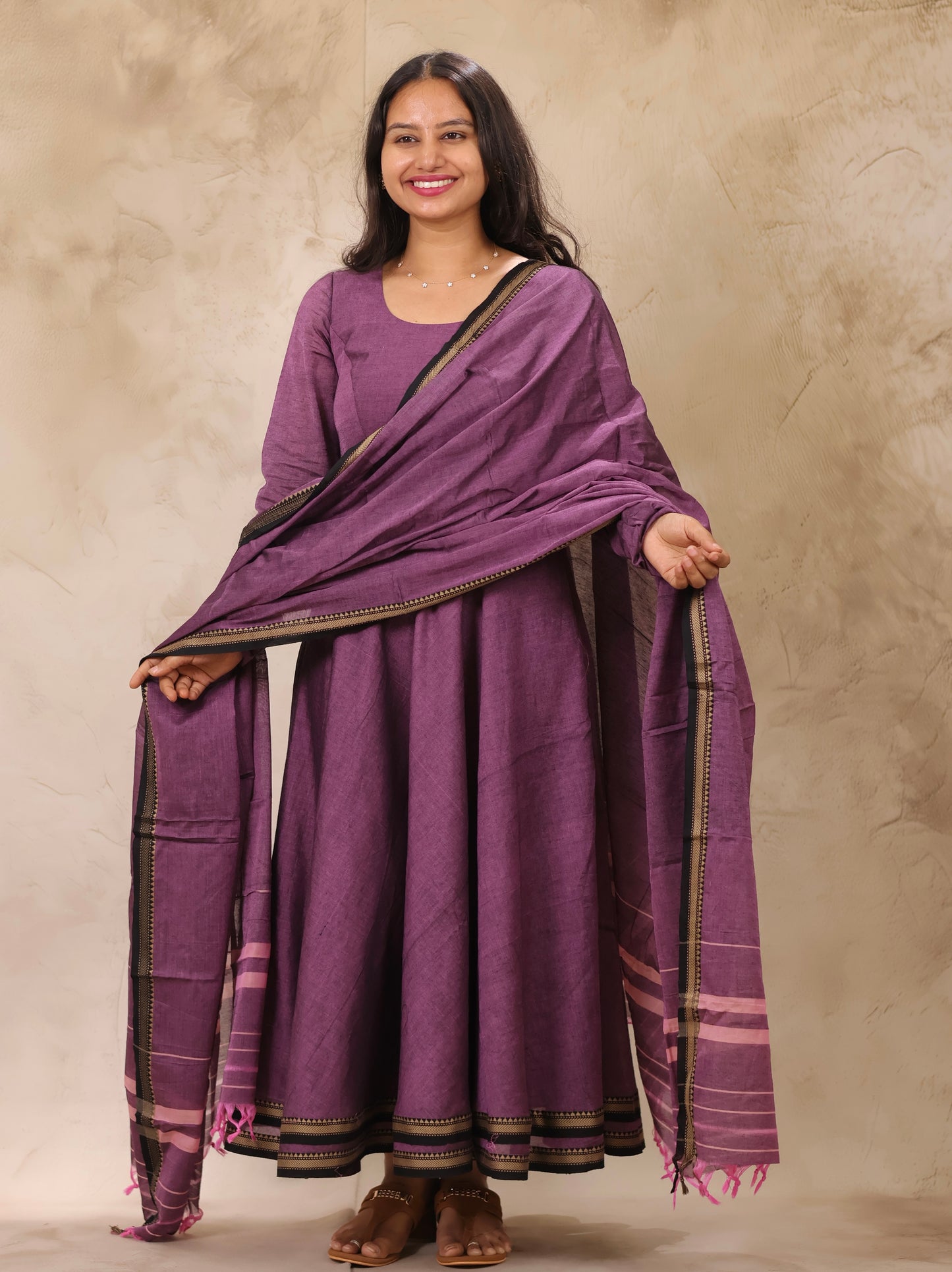Lavender Narayanpet Cotton Anarkali Dress with Narayanpet Dupatta | Looms & Tassels