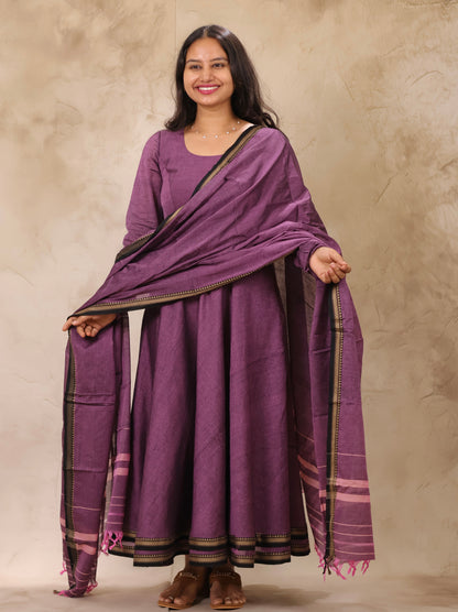 Lavender Narayanpet Cotton Anarkali Dress with Narayanpet Dupatta | Looms & Tassels