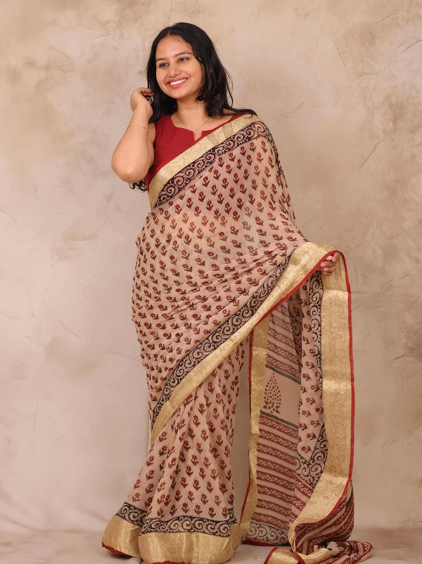Cream Chiffon Hand Block Printed Saree with Jari Border | Looms & Tassels