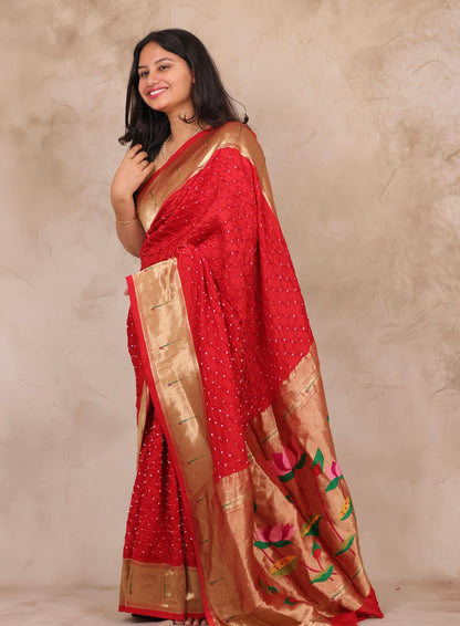 Red Handcrafted Bandhani Paithani Dola Silk Saree | Looms & Tassels