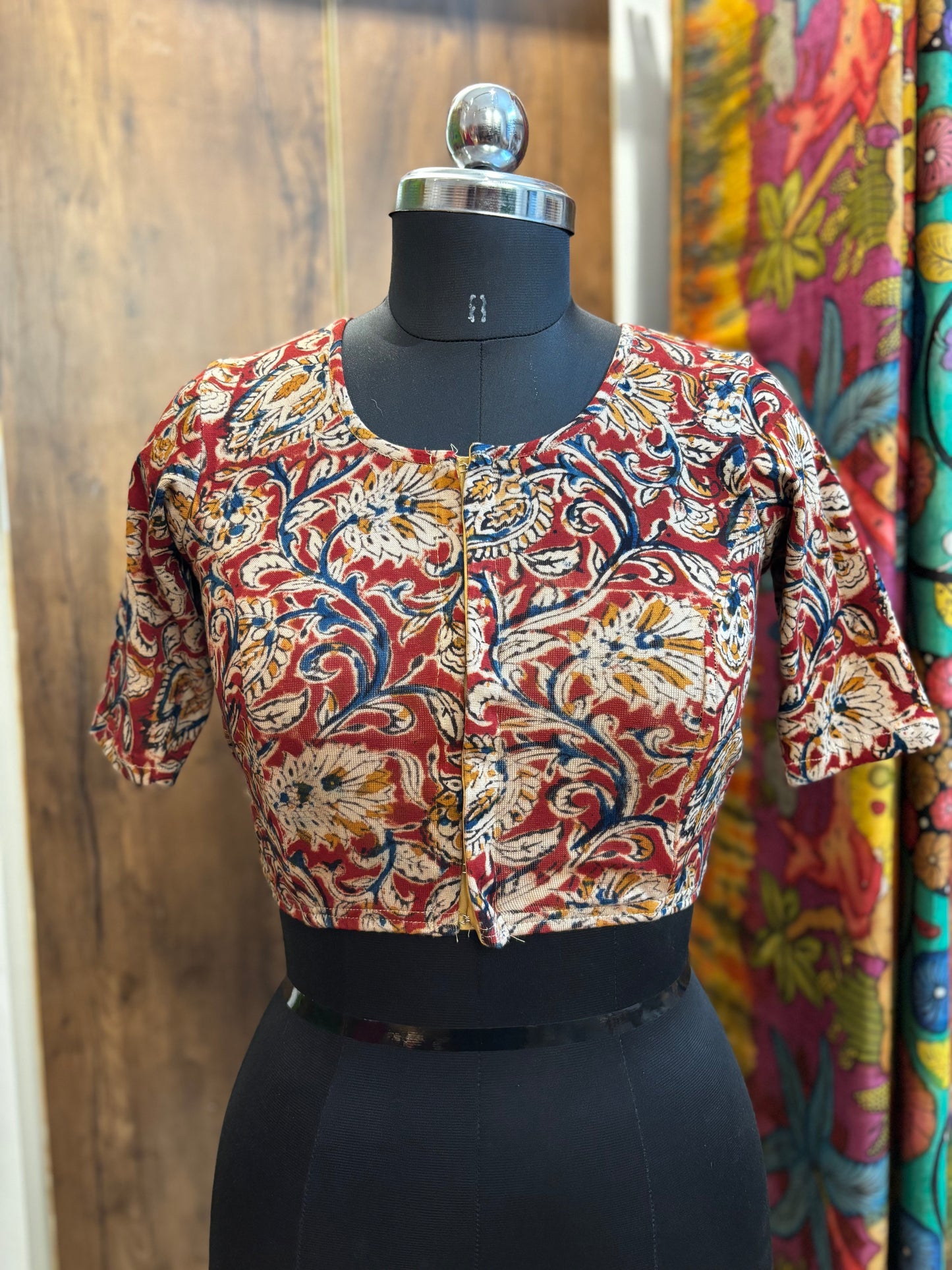 Red Round neck Stretchable Hand block printed kalamkari blouse with front hooks