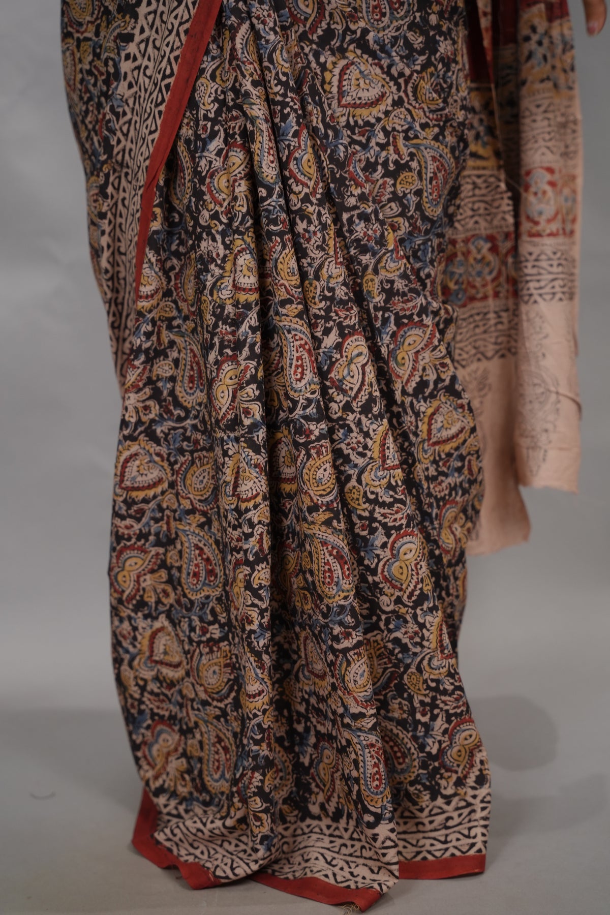 Black Hand Block Printed Kalamkari Cotton Saree | Looms & Tasselse