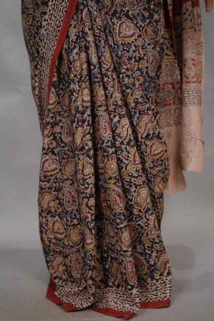 Black Hand Block Printed Kalamkari Cotton Saree | Looms & Tasselse