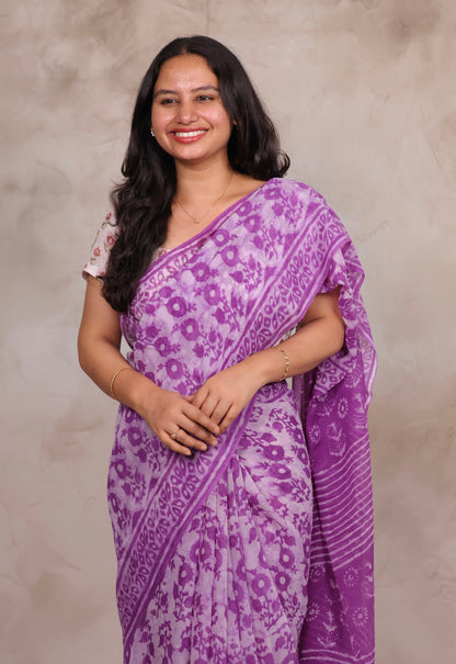 Purple Chiffon Hand Block Printed Saree | Looms & Tassels