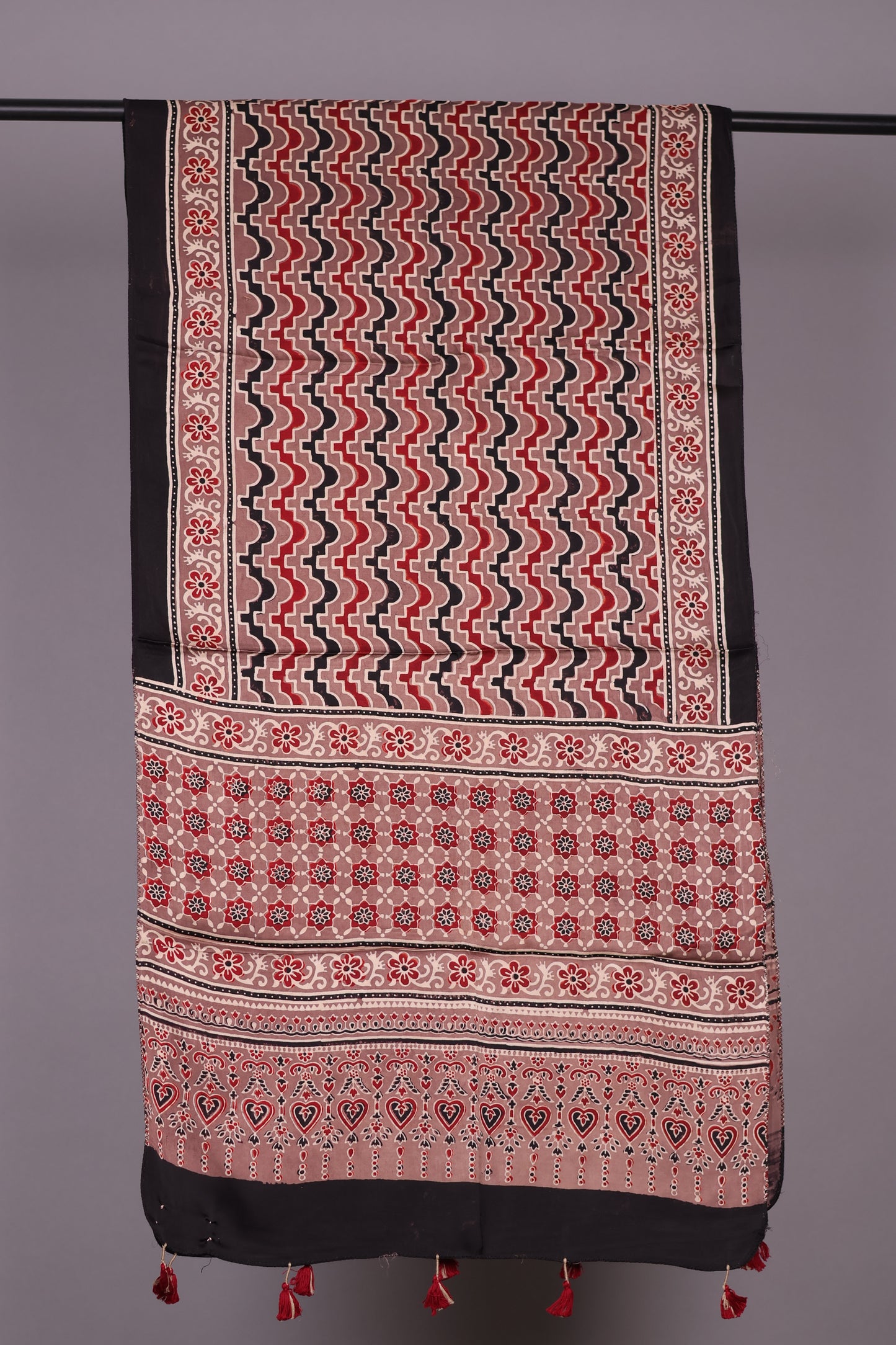 Ajrakh Hand Block Printed Modal Silk Stole | Looms & Tassels
