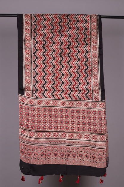 Ajrakh Hand Block Printed Modal Silk Stole | Looms & Tassels