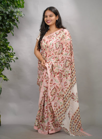 Pastel Pink Georgette Hand Block Printed Saree| Looms & Tassels