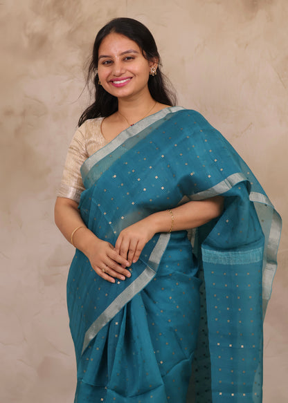 Teal Blue Handwoven Muslin Silk Saree With Sequence Work | Looms & Tassels