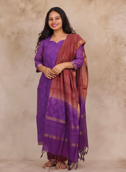 Purple Handblock printed Pure Maheswari Silk 3 piece suit (stitched)