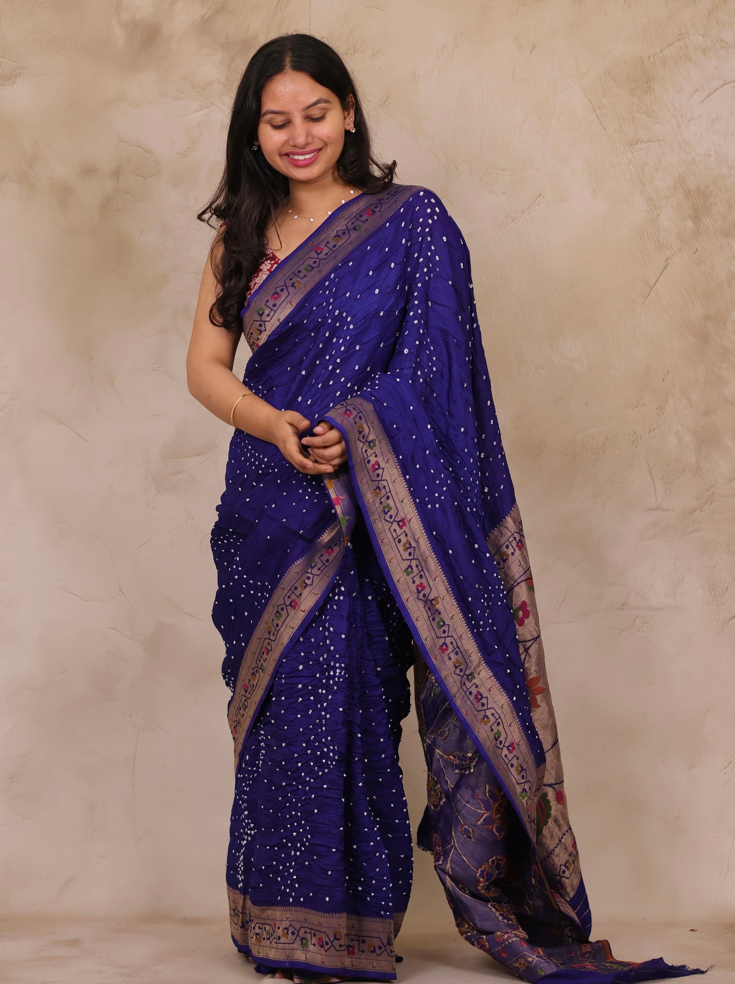Blue Handcrafted Pattern Bandhani Paithani Dola Silk Saree | Looms & Tassels
