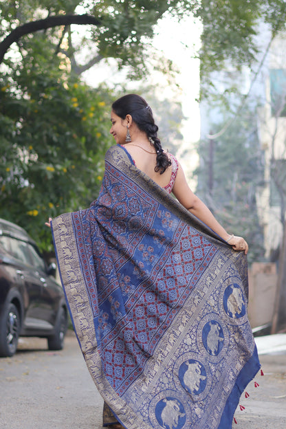 Ajrakh Dola Silk Saree