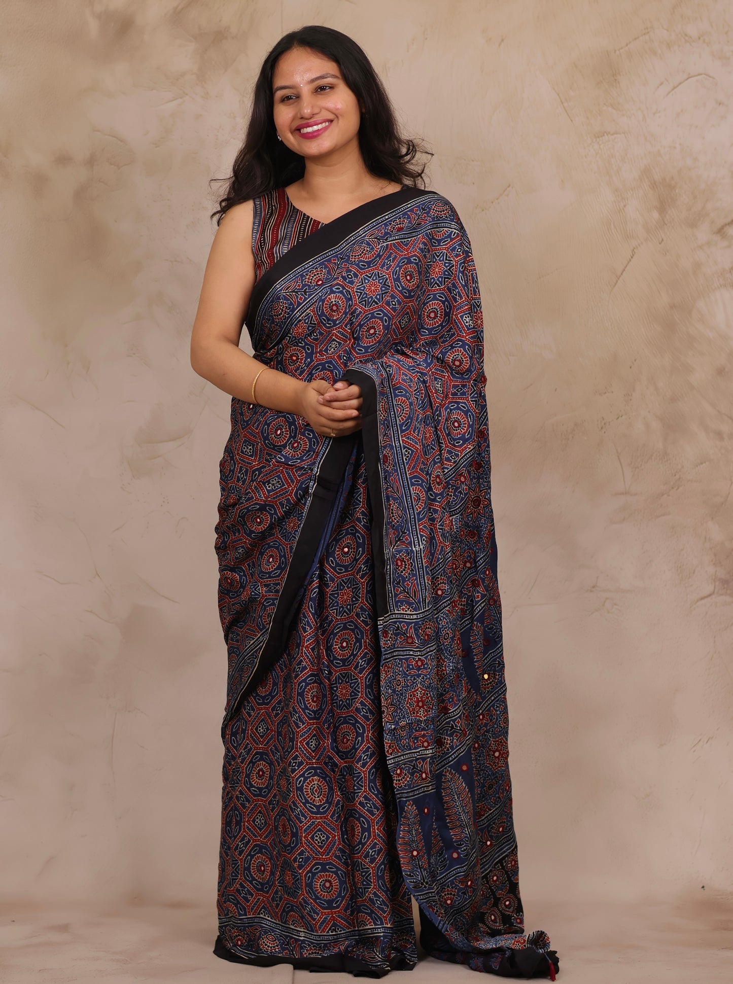 Indigo Handcrafted Ajrakh Modal Silk Saree with Authentic Banjara Mirror Work | Looms & Tassels